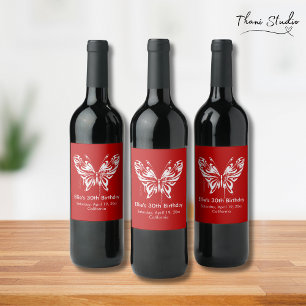 Étiquette Pour Bouteilles De Vin Papillon rouge moderne Anniversaire Texte personna
