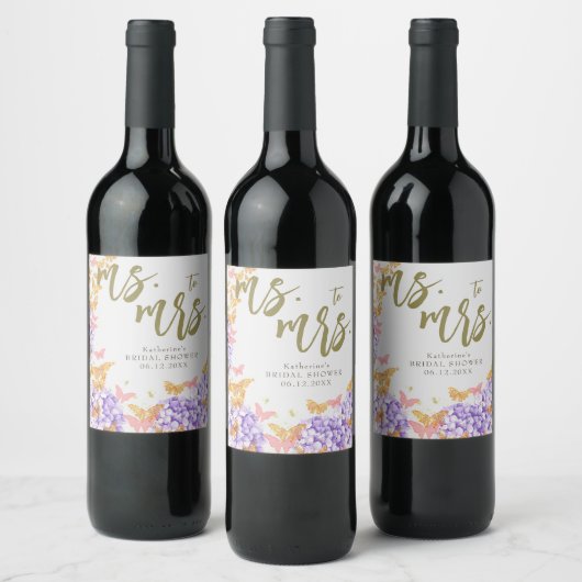 Étiquette Pour Bouteilles De Vin Papillons Boho Hydrangeas Fête des mariées violett (Bouteilles)