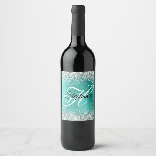Étiquette Pour Bouteilles De Vin Parties scintillant d'argent Turquoise Foil Fancy (Devant)