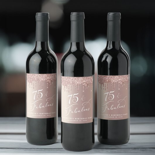 Étiquette Pour Bouteilles De Vin Parties scintillant d'or rose 75e fête d'anniversa