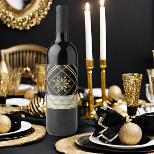 Étiquette Pour Bouteilles De Vin Parties scintillant Noir & Or Flocon de neige Nom 