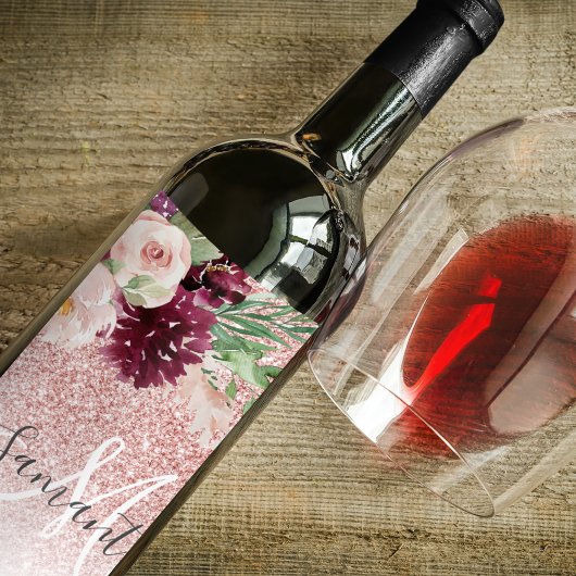 Étiquette Pour Bouteilles De Vin Parties scintillant rose moderne et flamme à fleur