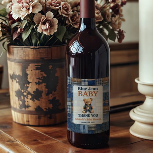 Étiquette Pour Bouteilles De Vin Patchwork Western Denim Bear Blue Jean Baby Shower