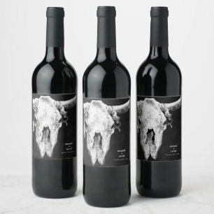 Étiquette Pour Bouteilles De Vin Pays Rodéo Ouest Noir et Blanc Taureau crâne