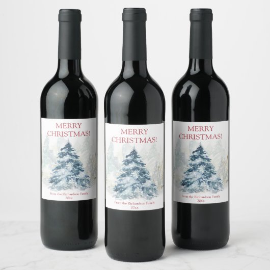 Étiquette Pour Bouteilles De Vin Paysage hivernal d'arbre de Noël à l'aquarelle (Bouteilles)