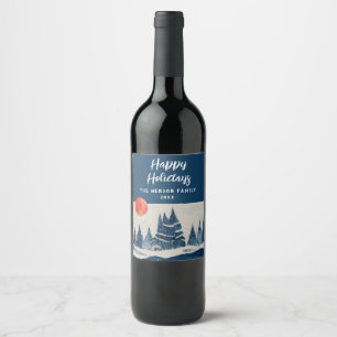 Étiquette Pour Bouteilles De Vin Paysage hivernal forêt lune bleu marine dessin