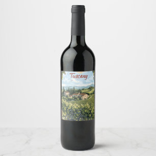 Étiquette Pour Bouteilles De Vin Paysage toscan avec vignobles et un vélo