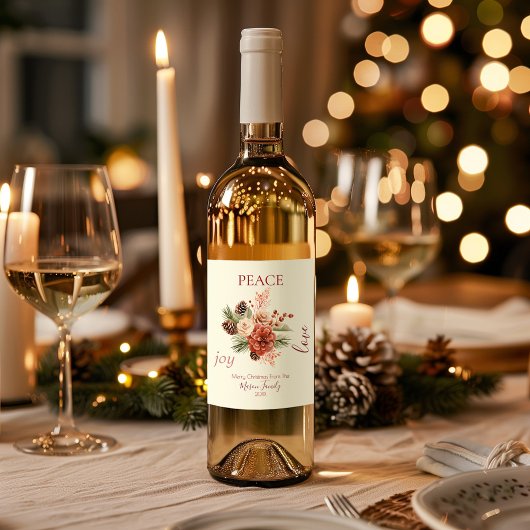 Étiquette Pour Bouteilles De Vin Peace Jove Love Beige Floral Noël