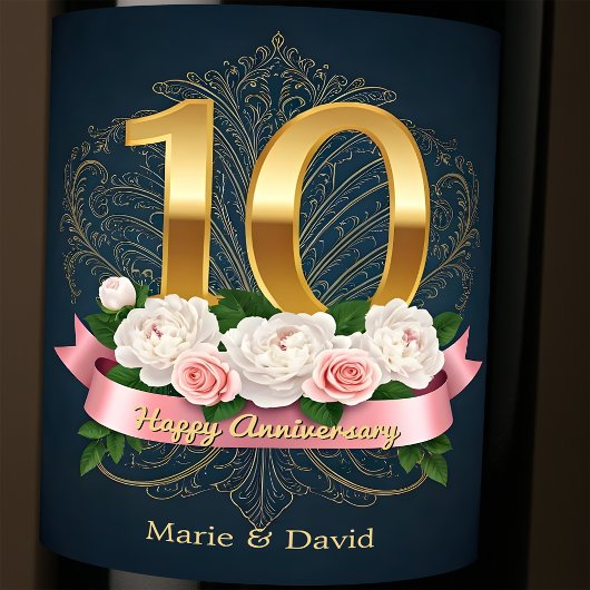 Étiquette Pour Bouteilles De Vin Peonies et Filigree Gold 10e anniversaire Mariage