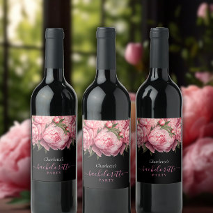 Étiquette Pour Bouteilles De Vin Peonies roses Black Bachelorette Party