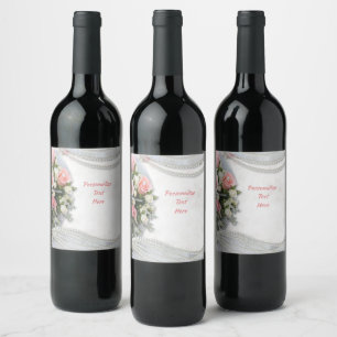 Étiquette Pour Bouteilles De Vin Perles blanches élégantes et romantiques Roses ros