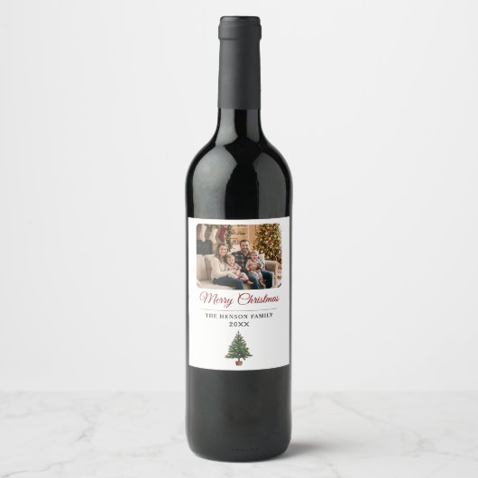 Étiquette Pour Bouteilles De Vin Personalized Christmas Tree Family Photo  (Devant)