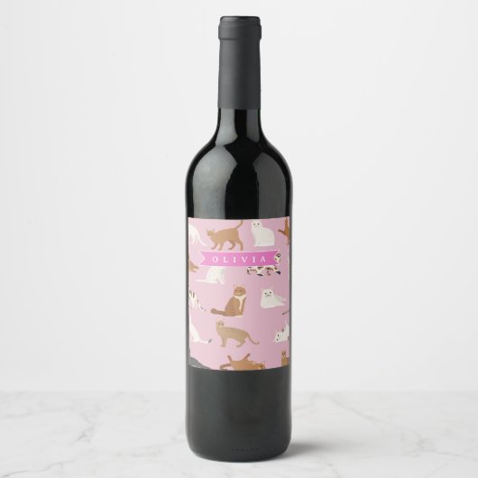 Étiquette Pour Bouteilles De Vin Personalized Cute Pink Cat Pattern Gift Cat Lover (Devant)