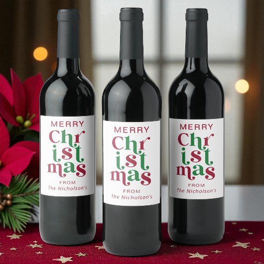 Étiquette Pour Bouteilles De Vin Personalized Whimsical Retro Merry Christmas
