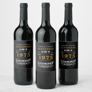 Étiquette Pour Bouteilles De Vin Personnalisé 50e anniversaire Né 1975 Noir Vintage