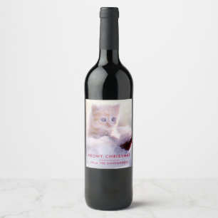 Étiquette Pour Bouteilles De Vin Petit Kitten reposant sur un chapeau de Noël Meowy