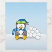 Étiquette Pour Bouteilles De Vin Petit pingouin assis avec des boules de neige (Étiquettes simples)