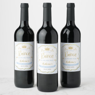 Étiquette Pour Bouteilles De Vin Petit Prince Blue Damask Gold Crown Baby shower