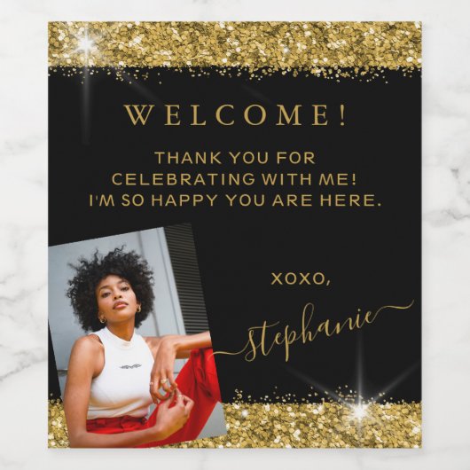 Étiquette Pour Bouteilles De Vin Photo Anniversaire Parties scintillant Black Gold  (Étiquettes simples)