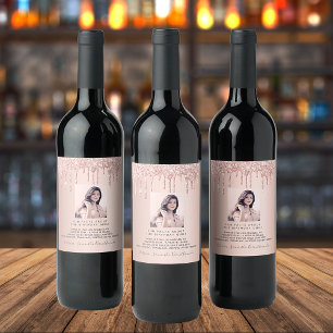 Étiquette Pour Bouteilles De Vin Photo d'anniversaire rose or parties scintillant f
