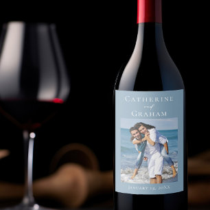 Étiquette Pour Bouteilles De Vin Photo de couple personnalisé pour mariage bleu pou