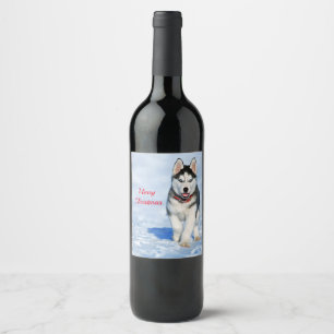 Étiquette Pour Bouteilles De Vin Photo Husky Puppy Neige Noël