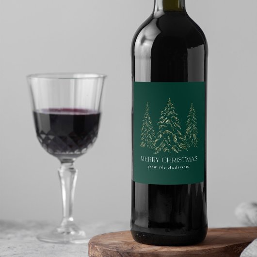 Étiquette Pour Bouteilles De Vin Pin d'hiver Étincelant Vert Joyeux Noël