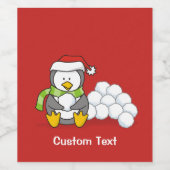 Étiquette Pour Bouteilles De Vin Pingouin de Noël assis avec des boules de neige (Étiquettes simples)