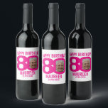 Étiquette Pour Bouteilles De Vin Pink 80th Birthday personnalisé nom photo étiquett<br><div class="desc">80e anniversaire hot rose et blanc photo fête papier bière ou vin étiquettes. Idéal pour ajouter une touche personnelle à une fête de quatre-vingts ans surprise. Customisez avec la photo de votre fille d'anniversaire dans le 0 de 80 et personnalisez avec votre choix de nom et date de célébration d'anniversaire....</div>