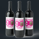Étiquette Pour Bouteilles De Vin Pink 90th Birthday photo nom personnalisé étiquett<br><div class="desc">90e anniversaire hot rose et blanc photo fête papier bière ou vin étiquettes. Idéal pour ajouter une touche personnelle à une fête de quatre-vingt-dix ans surprise. Customisez avec la photo de votre fille d'anniversaire dans le 0 de 90 et personnalisez avec votre choix de nom et date de célébration d'anniversaire....</div>