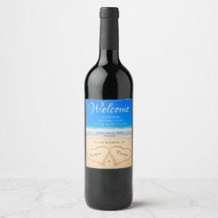 Étiquette Pour Bouteilles De Vin Plage Coeurs de mariage dans le sable Welcome Keep