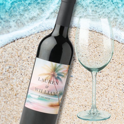 Étiquette Pour Bouteilles De Vin Plage tropicale aquarelle Palm Tree Mariage