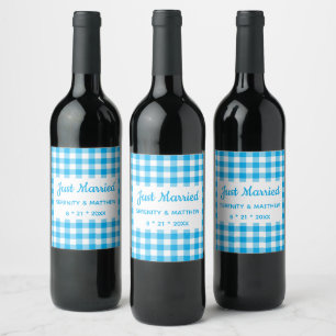 Étiquette Pour Bouteilles De Vin Plaid de campagne à carreaux bleus Just Married Ma
