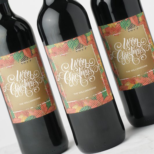 Étiquette Pour Bouteilles De Vin Poinsettias Joyeux Noël en or