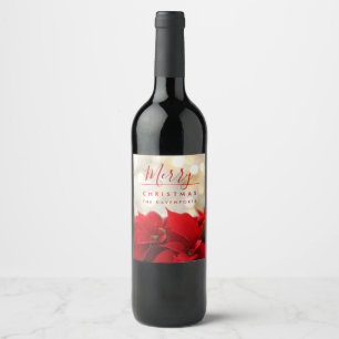 Étiquette Pour Bouteilles De Vin Poinsettias rouges avec Golden Bokeh Noël