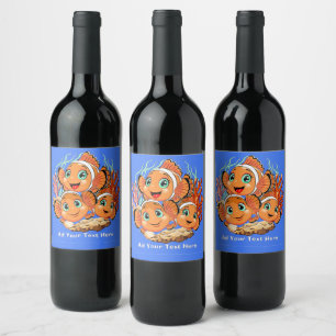 Étiquette Pour Bouteilles De Vin Poisson clown Dessin animé mignon Famille Sous l'e