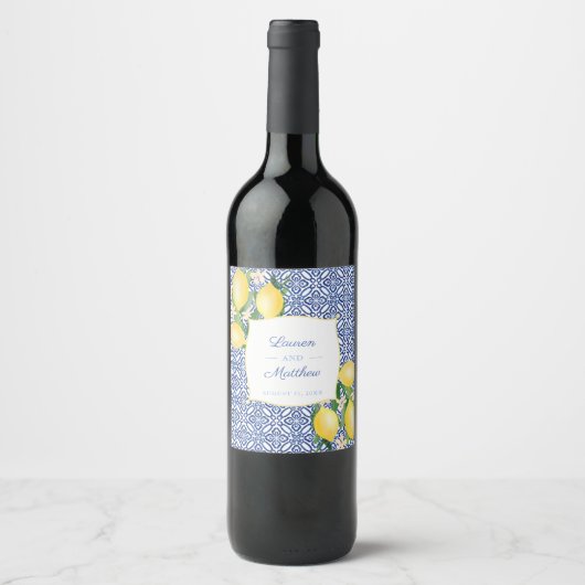 Étiquette Pour Bouteilles De Vin Positano Lemons Blue White Tiles Wedding Reception (Devant)