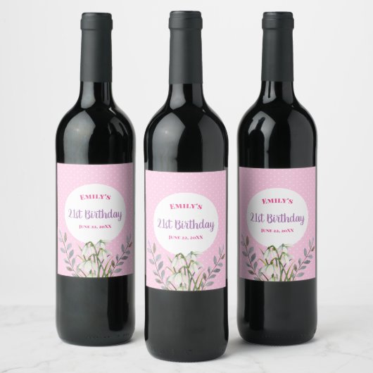 Étiquette Pour Bouteilles De Vin Pour elle à Anniversaire White Snowdrops Pink Polk (Bouteilles)