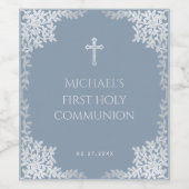 Étiquette Pour Bouteilles De Vin Premier Communion Garçon Dusty Blue Faux Feuilles  (Étiquettes simples)