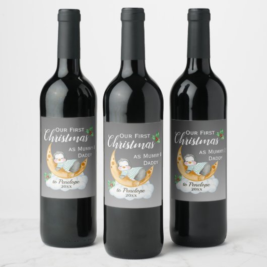 Étiquette Pour Bouteilles De Vin Premier Noël mignon comme maman et papa bébé pingo (Bouteilles)