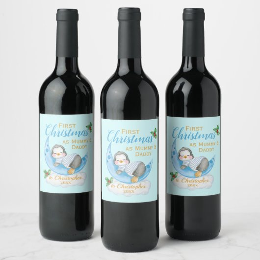 Étiquette Pour Bouteilles De Vin Premier Noël mignon comme maman et papa Pingouin B (Bouteilles)