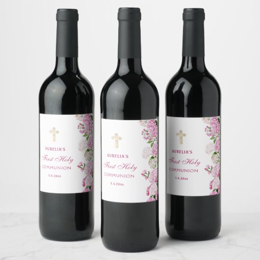 Étiquette Pour Bouteilles De Vin Première communion à l'hydrangea rose (Bouteilles)