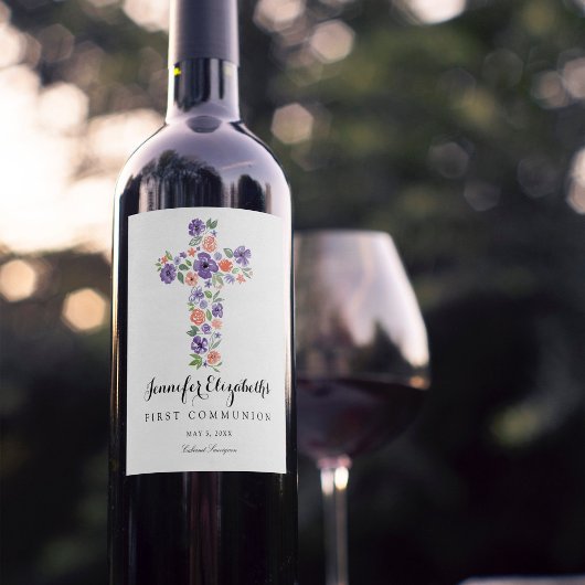 Étiquette Pour Bouteilles De Vin Première communion de la croix de fleurs d'aquarel