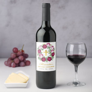 Étiquette Pour Bouteilles De Vin Première communion fille Couronne florale rose bur