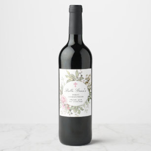 Étiquette Pour Bouteilles De Vin Première communion florale rose Rose