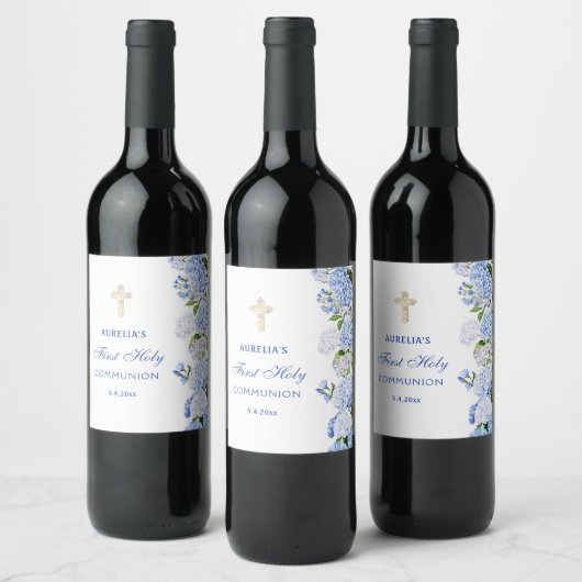 Étiquette Pour Bouteilles De Vin Première communion Hydrangea bleue (Bouteilles)