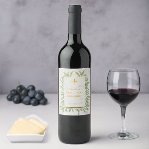 Étiquette Pour Bouteilles De Vin Première Communion Verdure Fausse Croix Dorée Bota