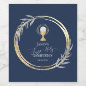 Étiquette Pour Bouteilles De Vin Première Sainte communion bleu et faux feuille d'o (Étiquettes simples)