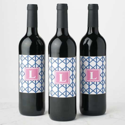 Étiquette Pour Bouteilles De Vin Preppy Blue Trellis Bamboo Motif Monogramme (Bouteilles)