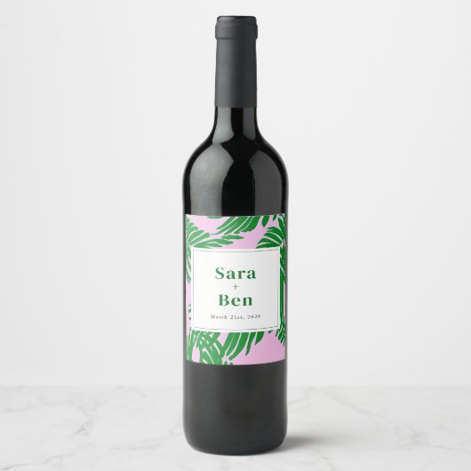 Étiquette Pour Bouteilles De Vin Préppy rose + Palmier Vert (Devant)